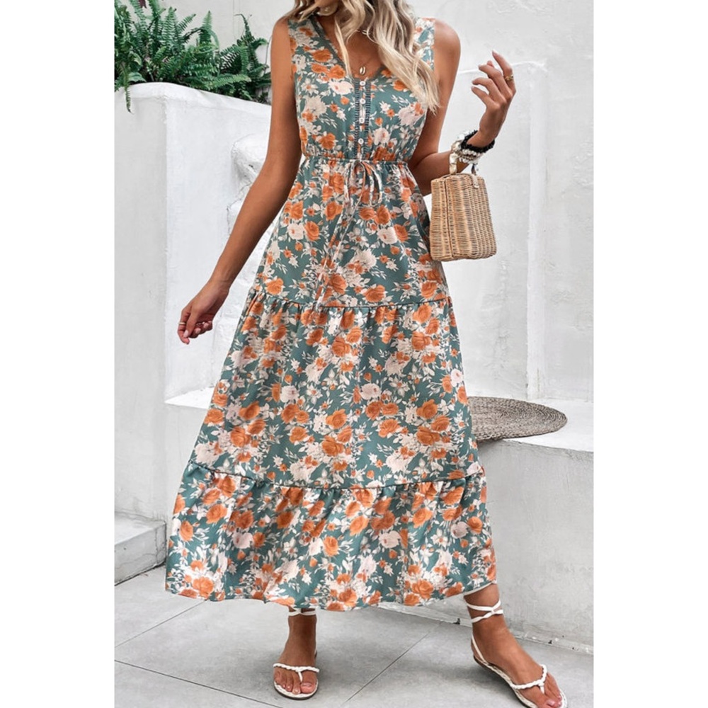 3 Pack Dusty Green Floral Print Trimmed V Neck Tie Waist Tiered Maxi Dress